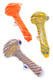 Assorted 4" colorful spiral striped glass spoon pipes with twisted stripe patterns, rounded bowls, decorative glass marbles, and assorted opaque color combinations.