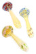 Assorted 3.5" color-changing striped glass spoon pipes with multicolor swirl bowls and decorative marble accents in three color combinations displayed together