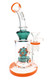6B Glass water pipe with bent neck, orange trim, teal virus-shaped perc, and clear handled bowl.
