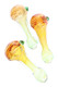 Wholesale 4" color-changing spiral striped glass spoon pipes with green marble accents, assorted yellow/orange tones, overhead trio view for retail cases.