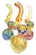 Assorted silver fumed Sherlock glass bubblers with frit glass bases, colorful striped accents, and curved necks for retail displays.