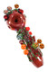 Bright studio top view on white of 4.5" critter-themed spoon for wholesale pages, showing orange dot marbles, floral millie, and vine-wrapped neck.