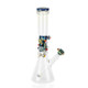 White-background product view of 14" Empire Glassworks galactic beaker, clear base and blue lip wrap; retail smoke gear, right-front angle. White-background product view of 14" Empire Glassworks galactic beaker, clear base and blue lip wrap; retail smoke gear, right-front angle.