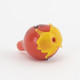 Top-down view of red glass bubble cap highlighting yellow drip crown and airflow hole, wholesale smoke-shop cap, clean white backdrop.