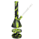Eyce silicone beaker pipe in green and black swirl, exploded to show base, stash jar and glass downstem for head shop pages.