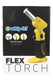 Whip-It Flex torch lighter for wholesale buyers, yellow model shown on retail box front with rotating-angle icons (0°, 45°, 90°), studio shot.