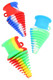 Wholesale colorful silicone mouthpiece trio, ribbed conical design in red-blue, aqua, and rasta blends, angled product view