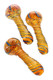 Trio of 4" color-changing glass spoon pipes with gold-fumed frit bowls and blue spiral stripes; overhead studio view for wholesale head-shop catalogs. Trio of 4" color-changing glass spoon pipes with gold-fumed frit bowls and blue spiral stripes; overhead studio view for wholesale head-shop catalogs.