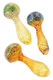 Assorted 4" color-changing frit spiral glass spoons in warm amber and green tones; top-down product layout for smoke-shop wholesale listings. Assorted 4" color-changing frit spiral glass spoons in warm amber and green tones; top-down product layout for smoke-shop wholesale listings.