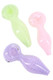 Three 4" neon colored glass spoon pipes with raised bubble accents in pastel green, pink, and lavender, top-down studio angle for head-shop wholesale.