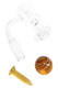 Clear quartz slurper banger with amber marble and screw insert, wholesale dab accessory, overhead view on white background.