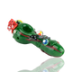 Side three-quarter studio image for wholesale listings—4.5" green spoon pipe with ant, snail, leaf appliqués and multicolor marble details.