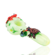 White-background product shot for B2B listings—4.5" green glass spoon with brown frog on leaf, red frog at bowl, and clear accent marbles.