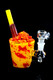 Black-background studio shot, 6.5" US-made Mangonada mini rig with yellow straw mouthpiece, red speckled cup, 14.5 mm female joint; wholesale head-shop rig.