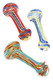 Wholesale 4" color-changing glass spoon with multicolor swirl stripes, clear body, assorted variants shown in top-down trio view for retail cases.