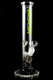 ROOR 14" 7 mm straight tube on black backdrop, green decal, ice pinch and 18.8 mm GoG joint with 14.5 mm bowl—head-shop display angle.