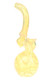 Large color-changing Sherlock glass bubbler with cream squiggle striped glass and rounded base shown from side angle.