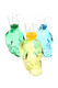 Green, yellow, and blue 4" colored glass skull oil burner rigs on white, angled trio—ideal for wholesale smoke shop displays.