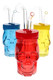 Red, blue, and yellow 5" glass skull oil burner rigs for wholesale smoke shop showcase displays