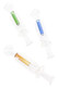 Three 4.5" clear glass oil burner pipes with green, blue, amber dome percs on white—wholesale head-shop display angle.