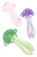 Three colorful glass spoon pipes with opaque pink, purple, and green bowls, clear handles, and raised swirl linework in assorted colors.