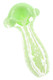 Close-up of a translucent green glass spoon pipe with an opaque bowl, raised swirl accents inside the clear handle, and rounded side marbles.