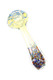 3.5" color-changing glass spoon pipe with blue stripe bowl and multicolor frit mouthpiece, angled wholesale item shot
