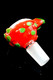 Wholesale glass bowl slide, 14.5 mm male joint, red dragon fruit body with green leaf nubs, close angled view on black background.