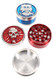 2-inch 3-part colored aluminum metal skull grinder, red/blue variant, disassembled with screen and scraper for wholesale listings.