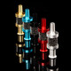 Lineup of five Pike tar filters showing multiple colors and compact design, wholesale water-pipe accessory, angled profile on black backdrop. Lineup of five Pike tar filters showing multiple colors and compact design, wholesale water-pipe accessory, angled profile on black backdrop.