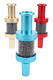 Blue Pike tar filter attachment with visible carbon beads and 14 mm joints, head-shop accessory, close front three-quarter view on white. Blue Pike tar filter attachment with visible carbon beads and 14 mm joints, head-shop accessory, close front three-quarter view on white.