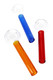 Trio of painted glass oil burner pipes—orange, cobalt, crimson—4" stems with clear round bowls for bulk retailer displays.
