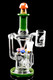Clear mini recycler with green accents and orange mushroom mouthpiece; worked mushroom cluster in chamber, premium wholesale art rig.