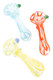 Assorted 4" clear multicolor striped glass spoon pipes with colored ribbon accents, glass ring detail, and marble carb on a white background.