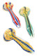 Wholesale 3-inch color-changing striped glass spoon pipe, overhead fumed glass in yellow, green and blue hues.