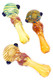 Top-down trio of 4" silver-fumed, frit-striped spoon pipes in assorted hues; color-changing glass with side marbles for wholesale head-shop buyers.