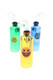 Three 4" colored glass bottle oil burner rigs with sticker decals (yellow, green, blue), front view—wholesale head-shop display.