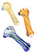 Three assorted glass spoon pipes with blue, orange, and yellow striped accents and rounded bowls