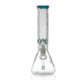 12" thick glass beaker, sandblasted floral tube and Blue Starlight rim; straight-on product angle for head-shop wholesale.