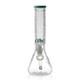 Front view 12" 9 mm borosilicate frosty floral beaker with aqua/teal lip and ice pinch; wholesale water pipe variant.
