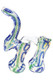Blue and green striped glass Sherlock bubbler with curved mouthpiece and two rounded chambers