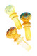 3.5" color-changing fumed glass spoon pipes with striped rings and multicolor accents; yellow hue; wholesale head-shop catalog image, angled group view.