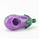 Wholesale glass eggplant bowl, purple body with green leaves; top view of herb chamber and 14.5 mm male joint on white studio backdrop. Wholesale glass eggplant bowl, purple body with green leaves; top view of herb chamber and 14.5 mm male joint on white studio backdrop.
