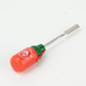 Wholesale sriracha glass dabber angled on white, orange borosilicate body with steel spatula tip, compact 4.5-inch tool