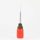 Head-shop supplies upright sriracha glass dabber front view, green cap atop orange bottle, 4.5-inch steel rod centered