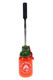 Wholesale sriracha bottle dabber front view, orange borosilicate body, green cap, stainless shaft and flat tip, 4.5-inch