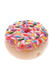 Pink-frosted donut glass pipe with raised rainbow sprinkles; 2.5" borosilicate novelty for wholesale head-shop buyers, angled studio cutout showing bowl rim.