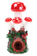 Red toadstool cluster dry pipe with vines and ladybug appliqués, upright front angle on white; US-made head-shop glass, compact 4" worked design.