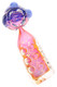 Pink and purple glass spoon pipe with striped bowl, lavender glass accents, and circular indents along the body