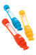 Wholesale 12 mm GRAV glass taster with removable silicone skin and end cap, blue/orange/yellow trio, 4″ pocket size, angled product view.